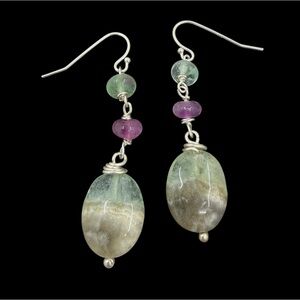 Seafoam Prehnite Pink Green Fluorite Dangle Earrings 925 Sterling Silver